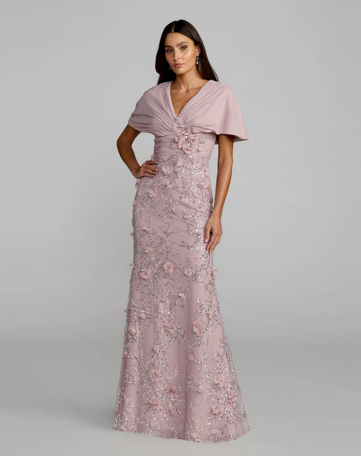 Mac Duggal 69125 Purple Embellished Draped Cape Sleeve Gown