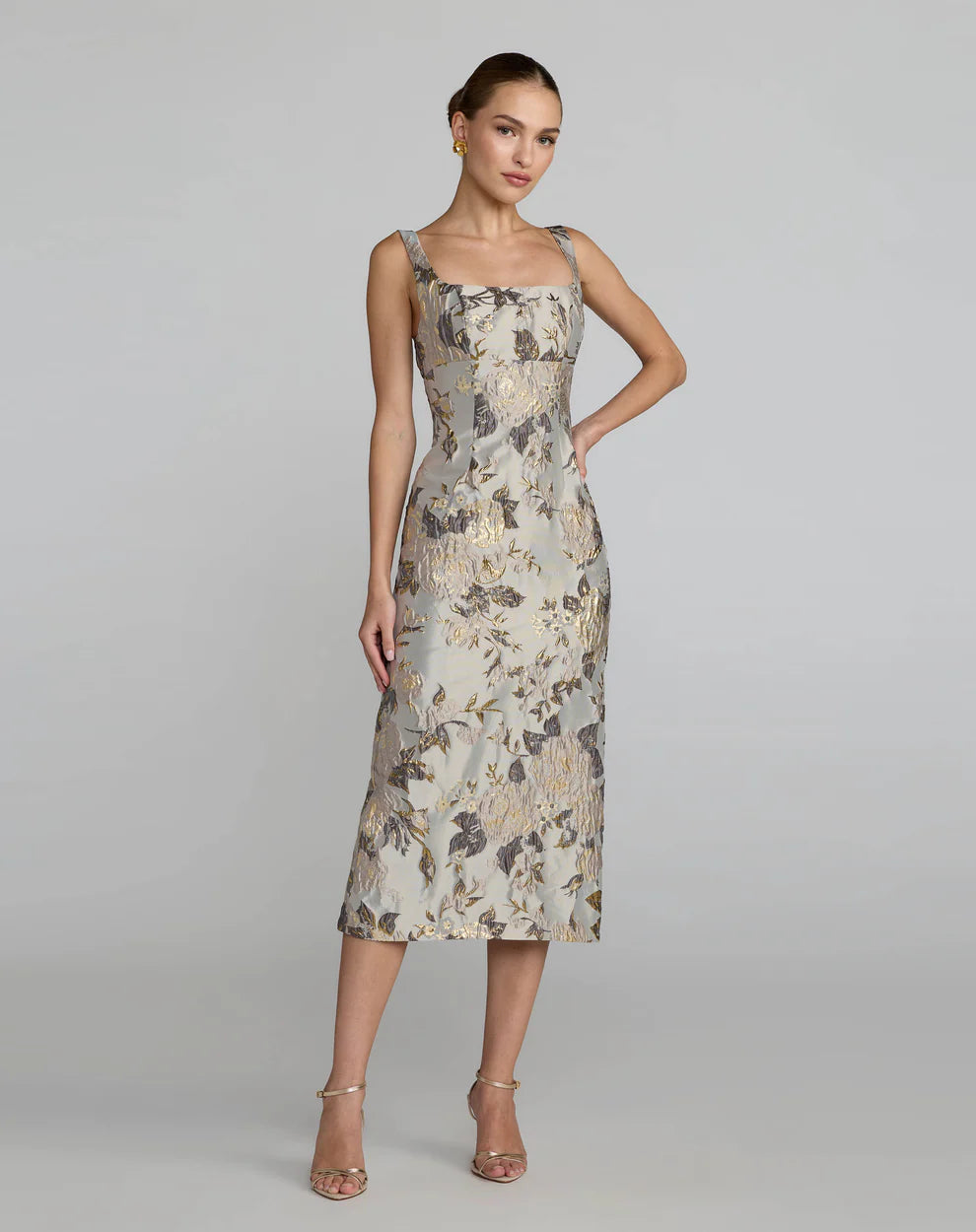 Mac Duggal 69152 Blue Floral Square Neck Midi Dress
