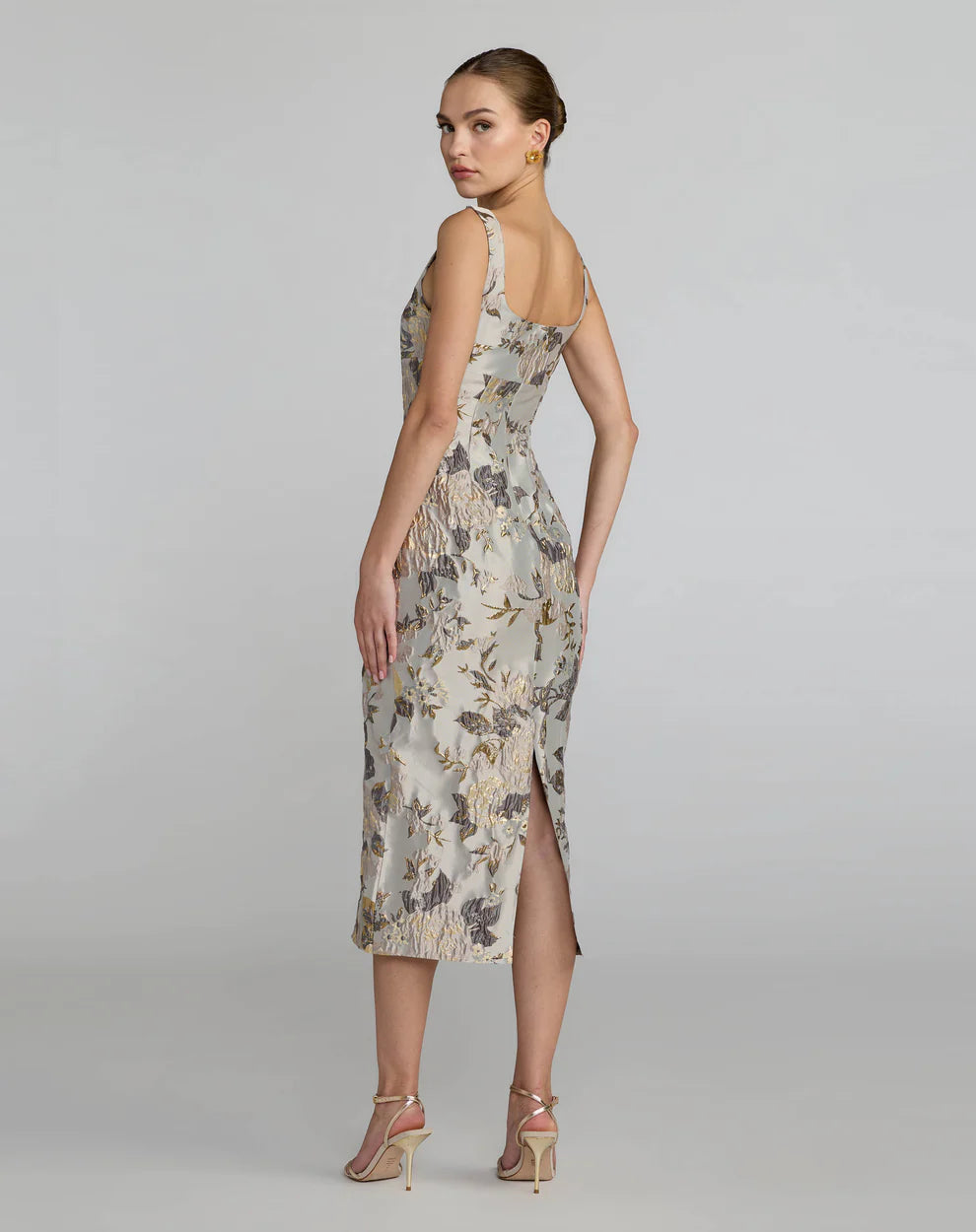Mac Duggal 69152 Blue Floral Square Neck Midi Dress