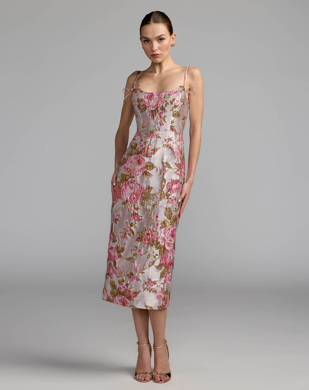 Mac Duggal 9969153P Light Pink Floral Brocade Bow Strap Midi Dress