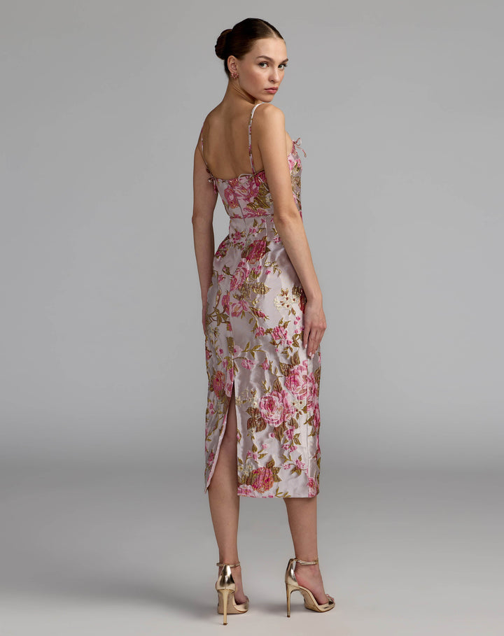 Mac Duggal 9969153P Light Pink Floral Brocade Bow Strap Midi Dress