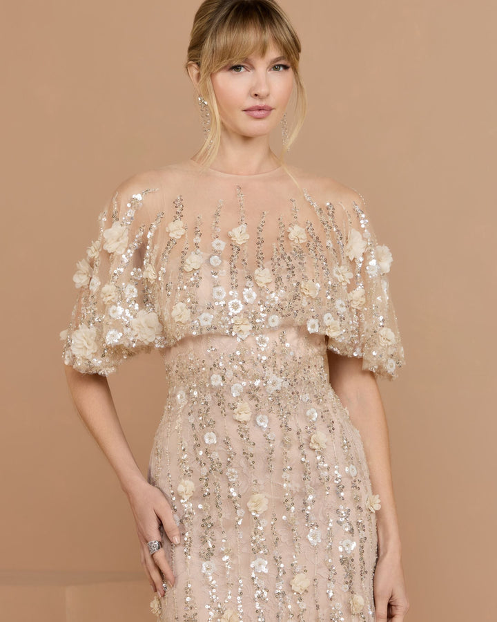 Mac Duggal 69188 Beige Embellished Cape Sleeve Gown - FOSTANI.com