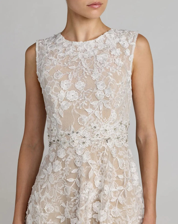 Ivory Floral Embroidered High Neck Midi Dress - FOSTANI.com