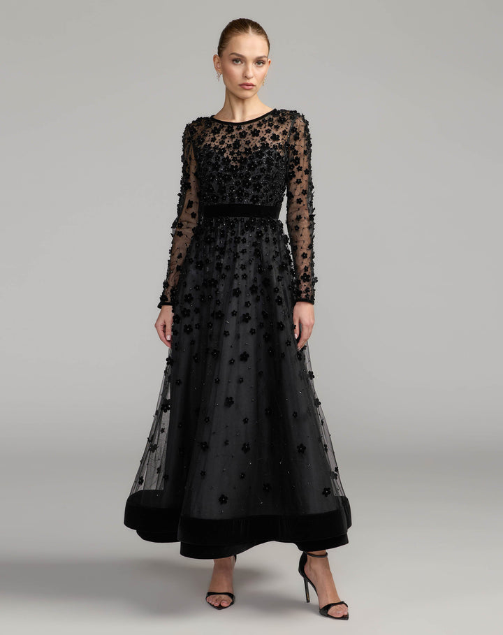 Mac Duggal 69200 Velvet Floral Appliqué Maxi Dress