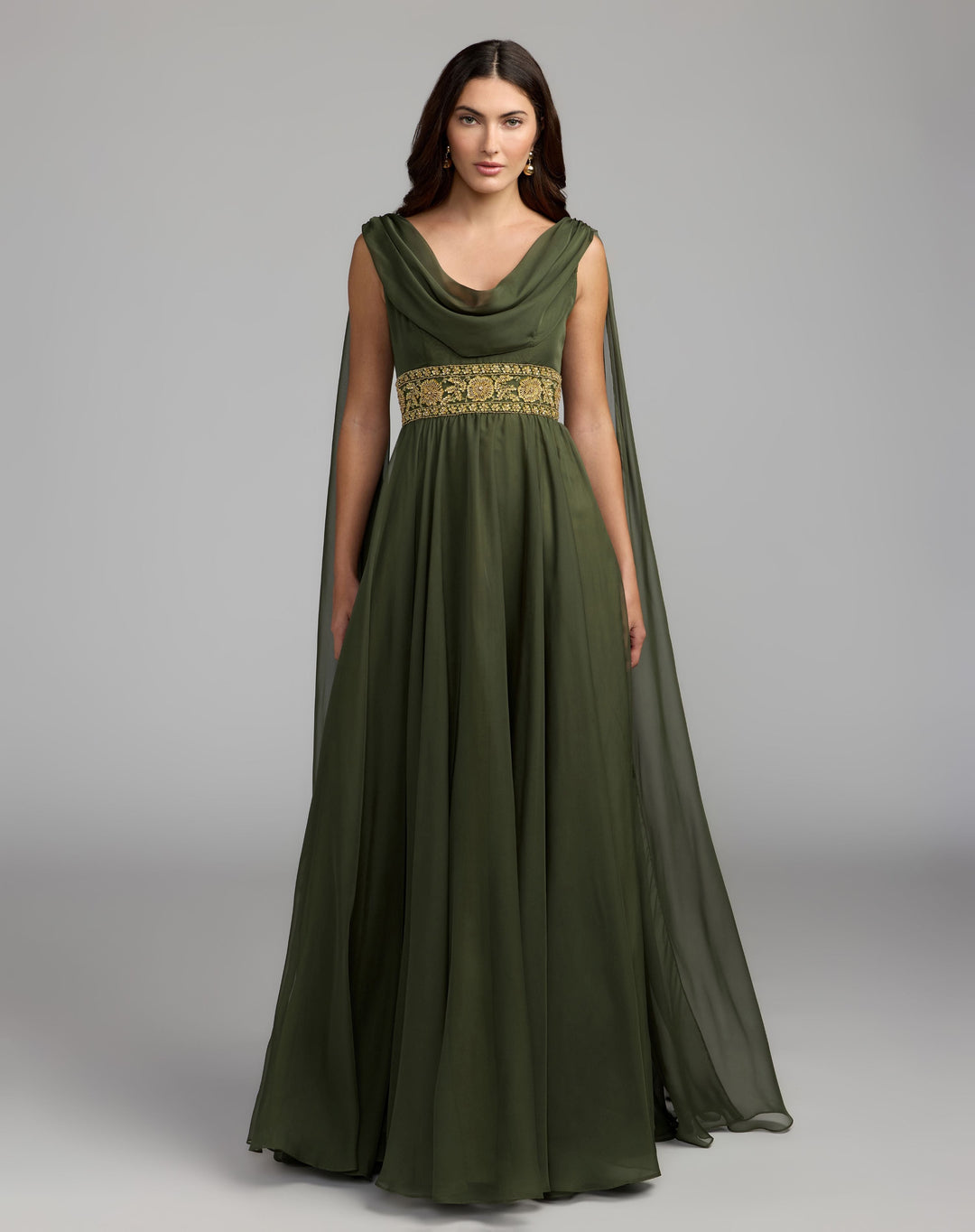 Mac Duggal 69218 Cowl Chiffon Gown With Embellished Waist