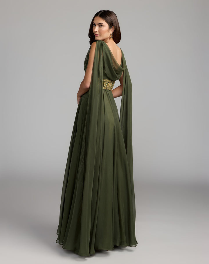 Mac Duggal 69218 Cowl Chiffon Gown With Embellished Waist