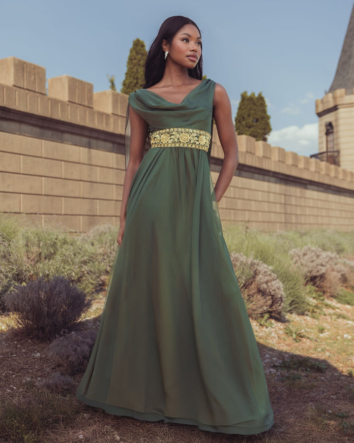 Mac Duggal 69218 Cowl Chiffon Gown With Embellished Waist