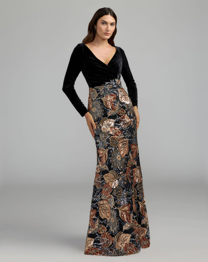 Mac Duggal 69223 Long Sleeve Floral Embellished Velvet Gown