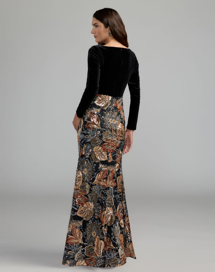 Mac Duggal 69223 Long Sleeve Floral Embellished Velvet Gown