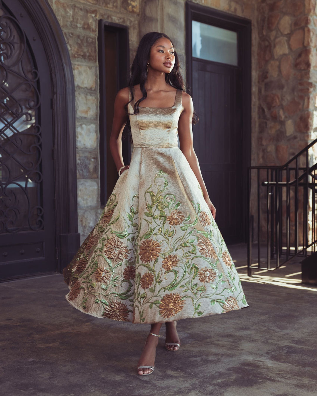 Mac Duggal 69238 Floral Brocade A-Line Midi Dress