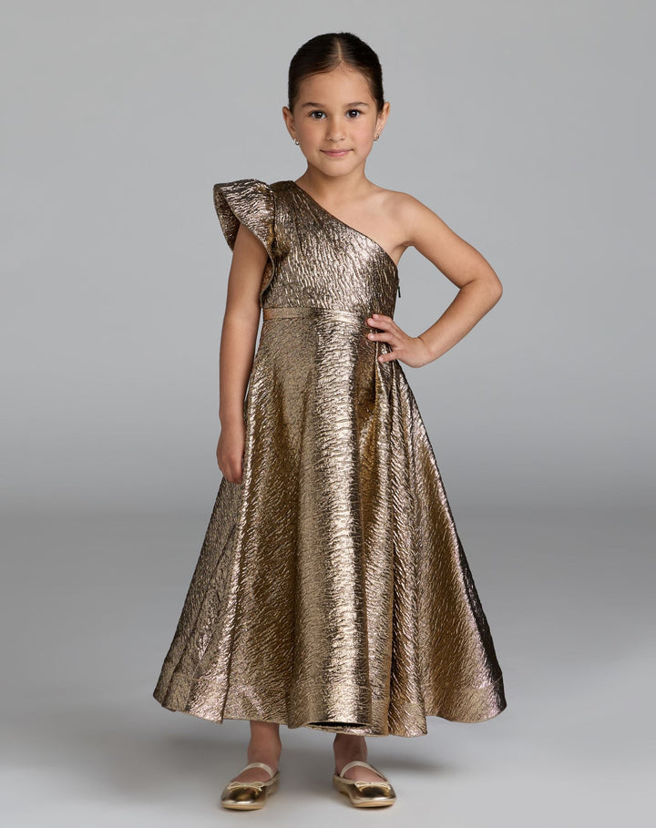 Mac Duggal 69314 Girls One Shoulder Metallic Maxi Dress
