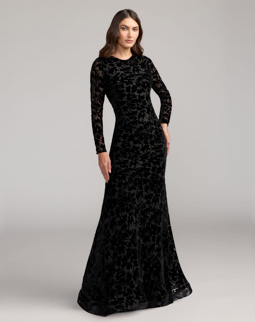 Mac Duggal 69323 High Neck Long Sleeve Floral Velvet Gown