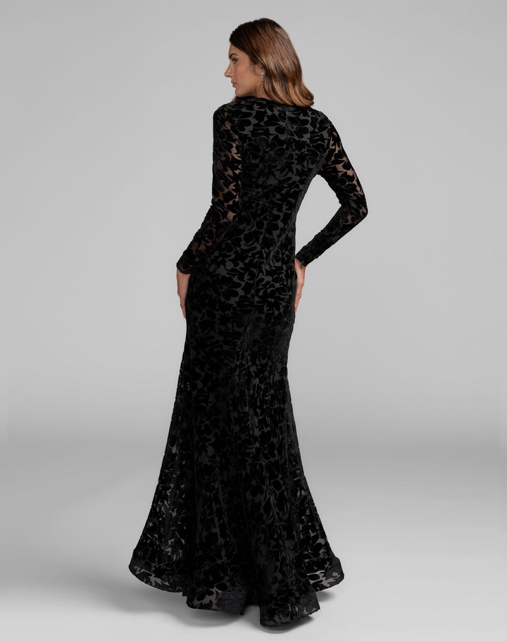 Mac Duggal 69323 High Neck Long Sleeve Floral Velvet Gown