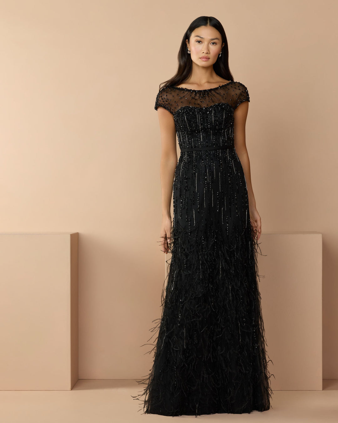 Mac Duggal 77198 Rhinestone Embellished Illusion Neck Feather Gown