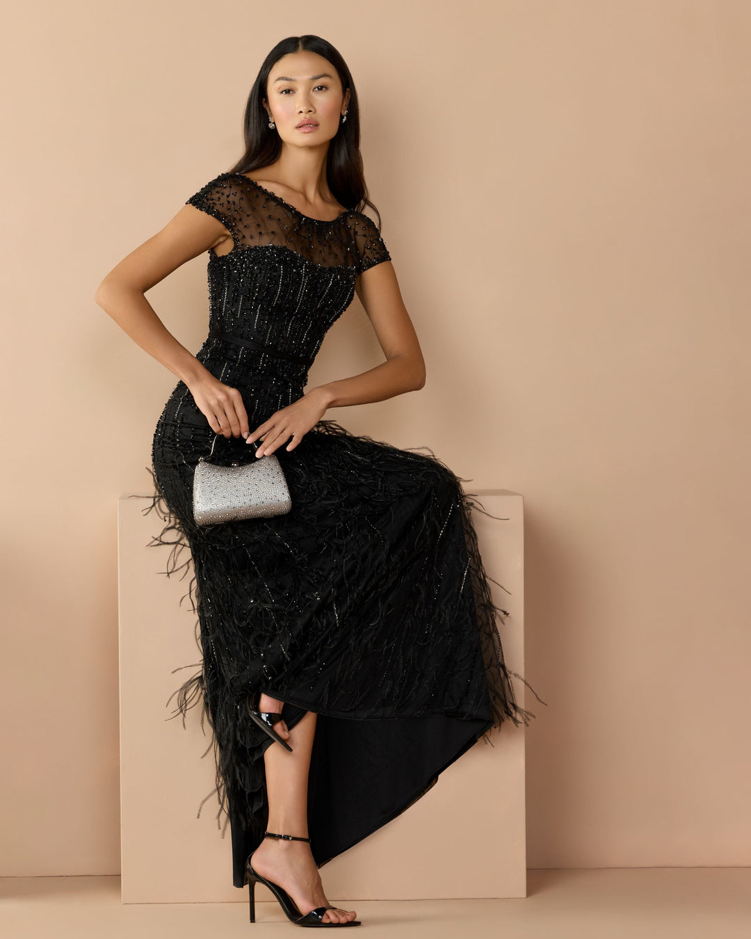 Mac Duggal 77198 Rhinestone Embellished Illusion Neck Feather Gown