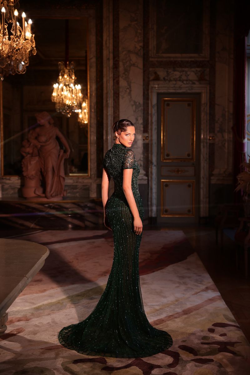 Chic & Holland HF110633 Mock Neckline Short Sleeves Ornate Linear Beaded Sheath Couture Dress