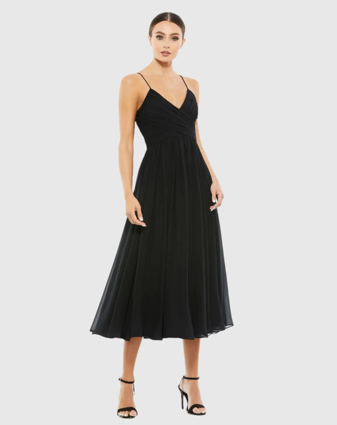 Mac Duggal EFFORTLESSLY Faux Wrap Sleeveless Flowy Midi Dress