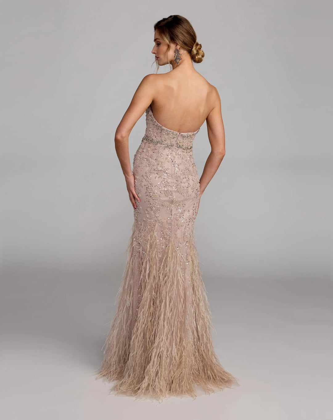 Beige Strapless Embellished Mermaid Gown With Feather Hem - FOSTANI.com