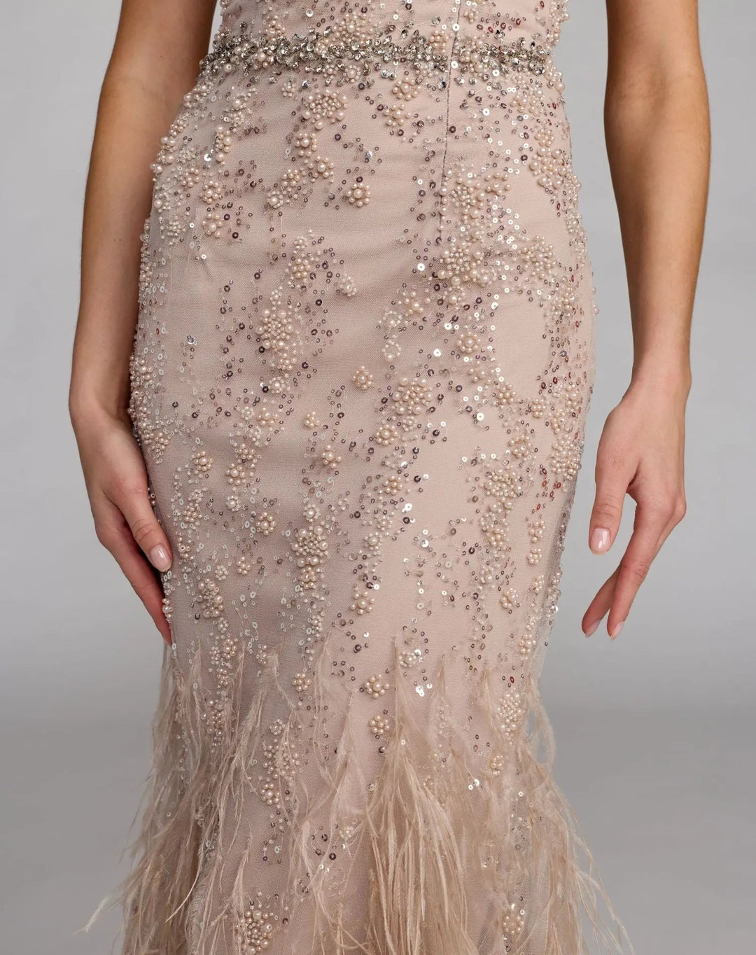 Beige Strapless Embellished Mermaid Gown With Feather Hem - FOSTANI.com