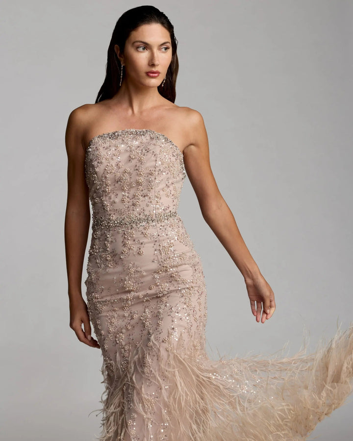 Beige Strapless Embellished Mermaid Gown With Feather Hem - FOSTANI.com