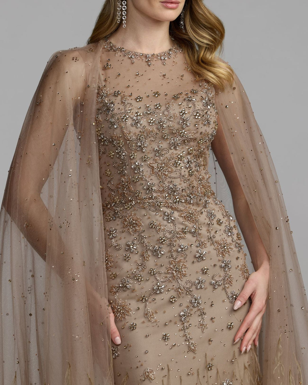 Mac Duggal 77104 Crystal Embellished Cape Gown with Feathers
