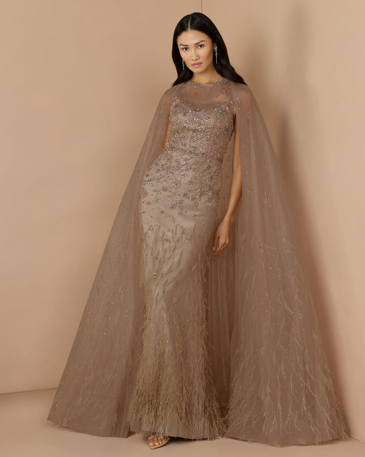 Mac Duggal 77104 Crystal Embellished Cape Gown with Feathers