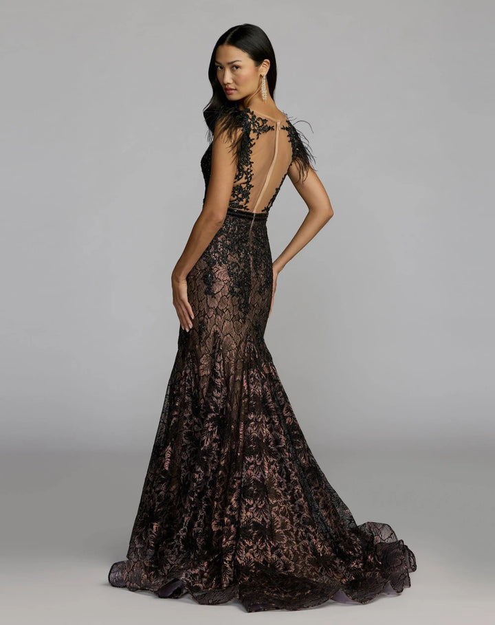 Mac Duggal 79230 Embellished Lace High Neck Gown With Feather Sleeves