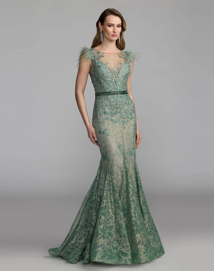 Mac Duggal 79230 Green Embellished Lace High Neck Gown With Feather Sleeves