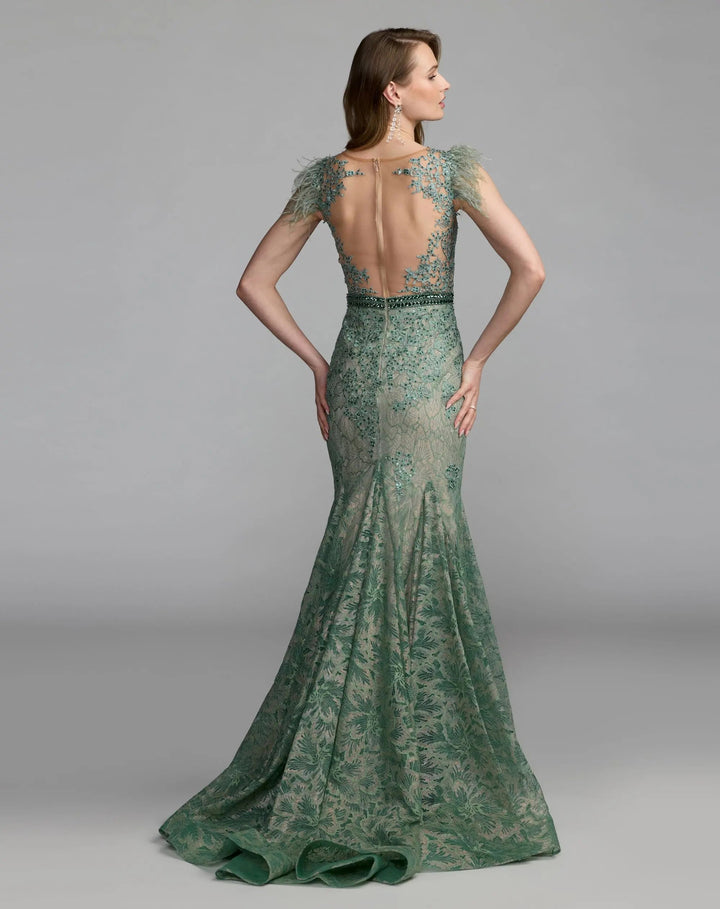 Mac Duggal 79230 Green Embellished Lace High Neck Gown With Feather Sleeves
