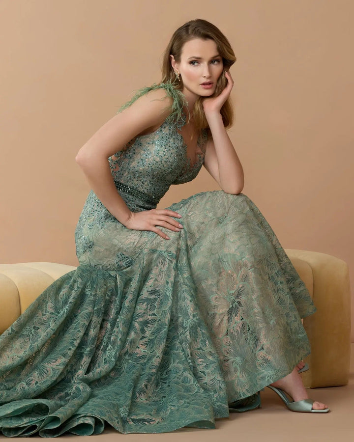 Mac Duggal 79230 Green Embellished Lace High Neck Gown With Feather Sleeves