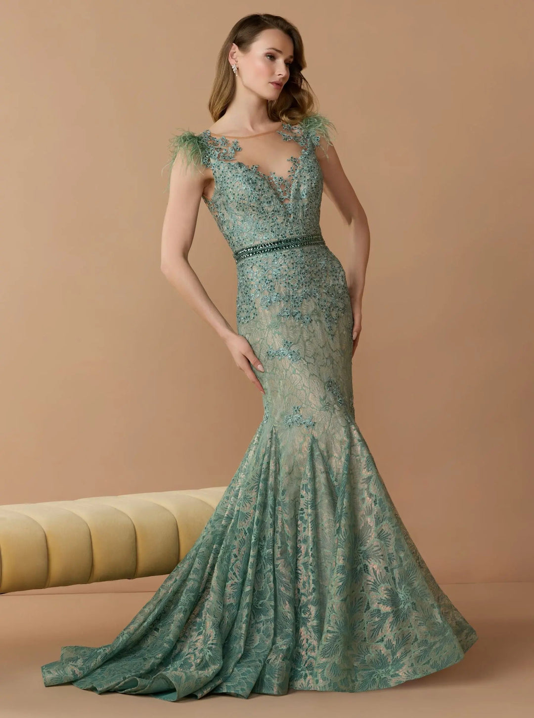 Mac Duggal 79230 Green Embellished Lace High Neck Gown With Feather Sleeves