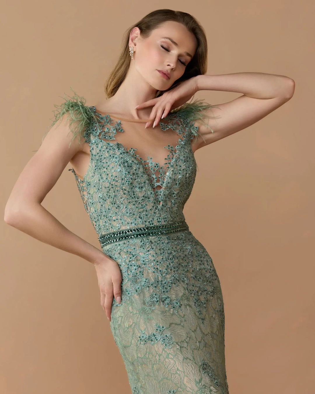 Mac Duggal 79230 Green Embellished Lace High Neck Gown With Feather Sleeves