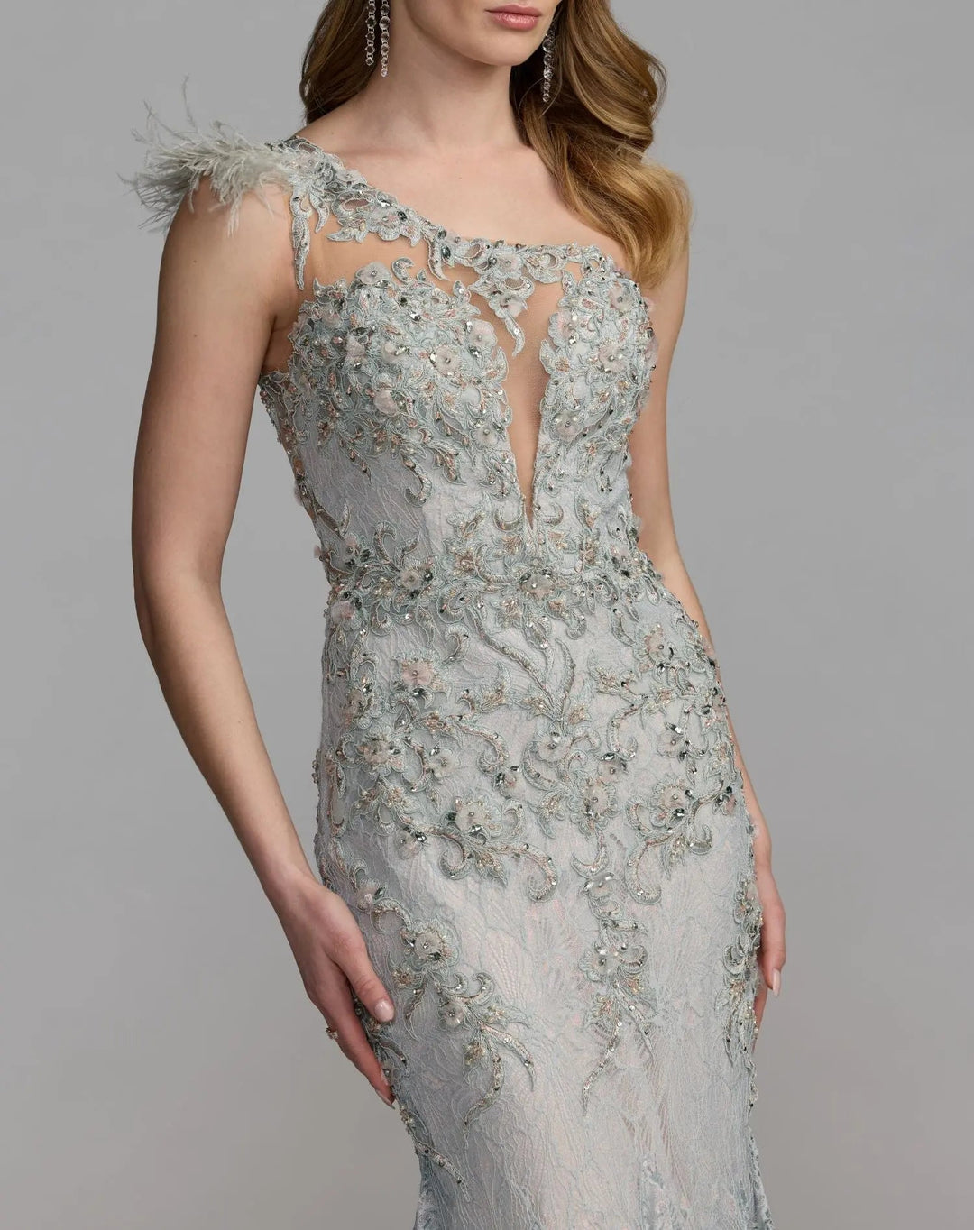 Mac Duggal 79264 Embellished Lace One Shoulder Gown With Feather Detail