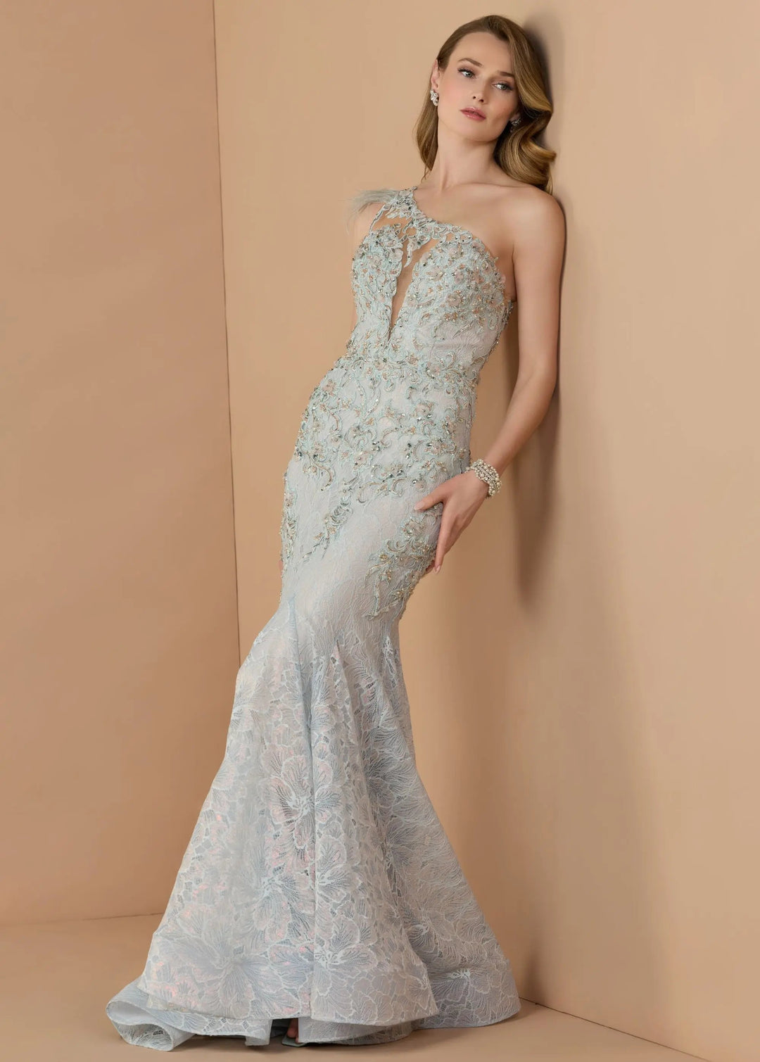 Mac Duggal 79264 Embellished Lace One Shoulder Gown With Feather Detail