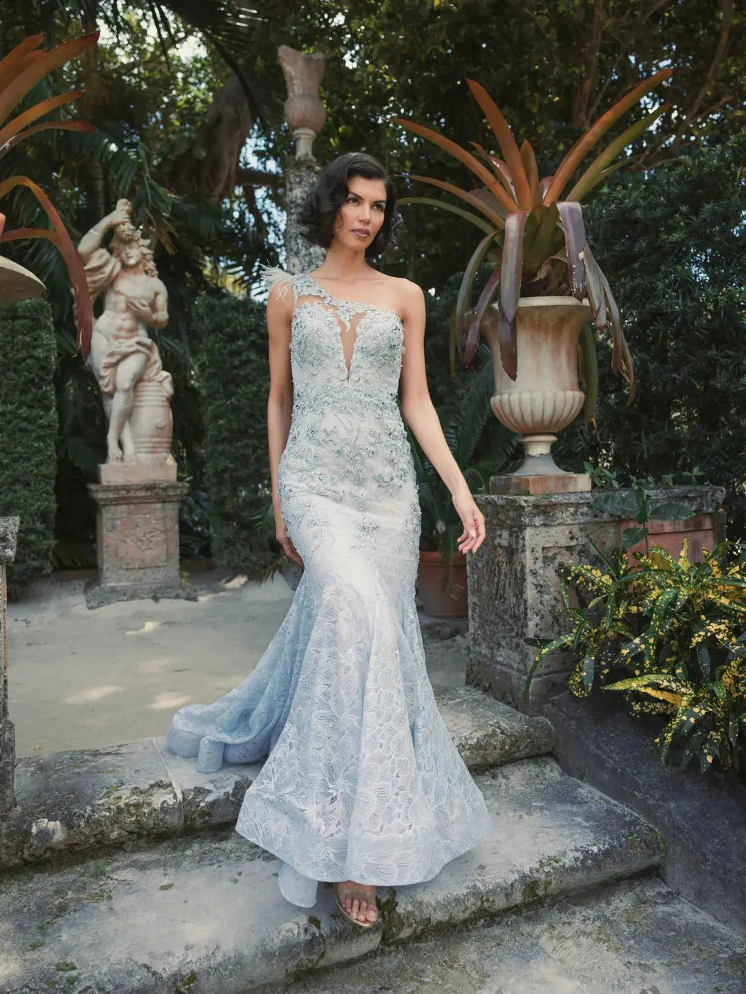 Mac Duggal 79264 Embellished Lace One Shoulder Gown With Feather Detail