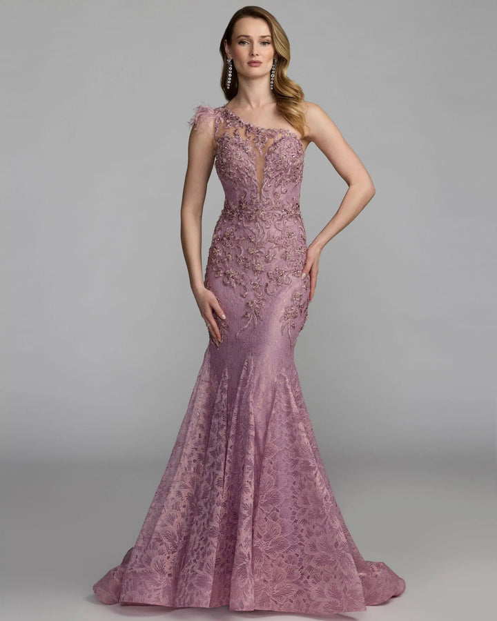 Mac Duggal 79264 Pink Embellished Lace One Shoulder Gown With Feather Detail