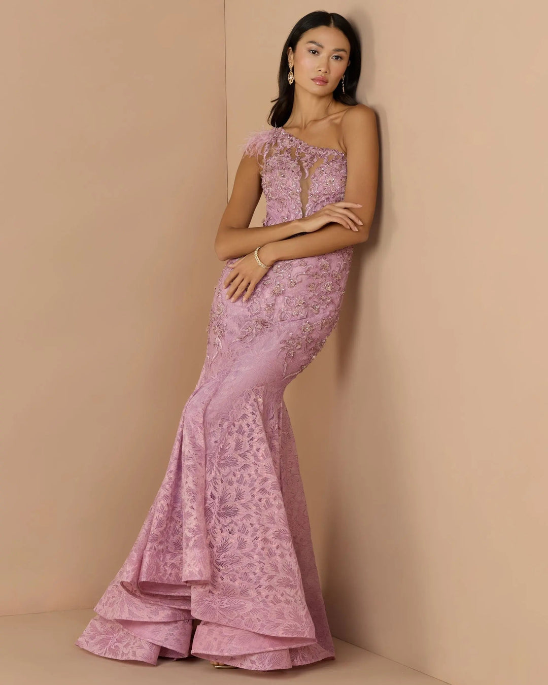 Mac Duggal 79264 Pink Embellished Lace One Shoulder Gown With Feather Detail