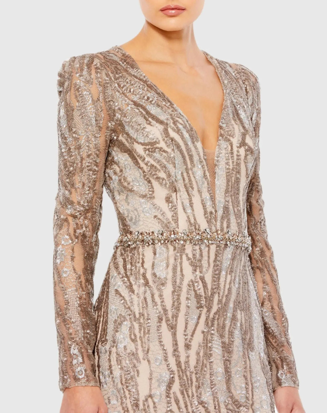 Mac Duggal 79358 Embellished Long Sleeve Plunge Neck Trumpet Gown