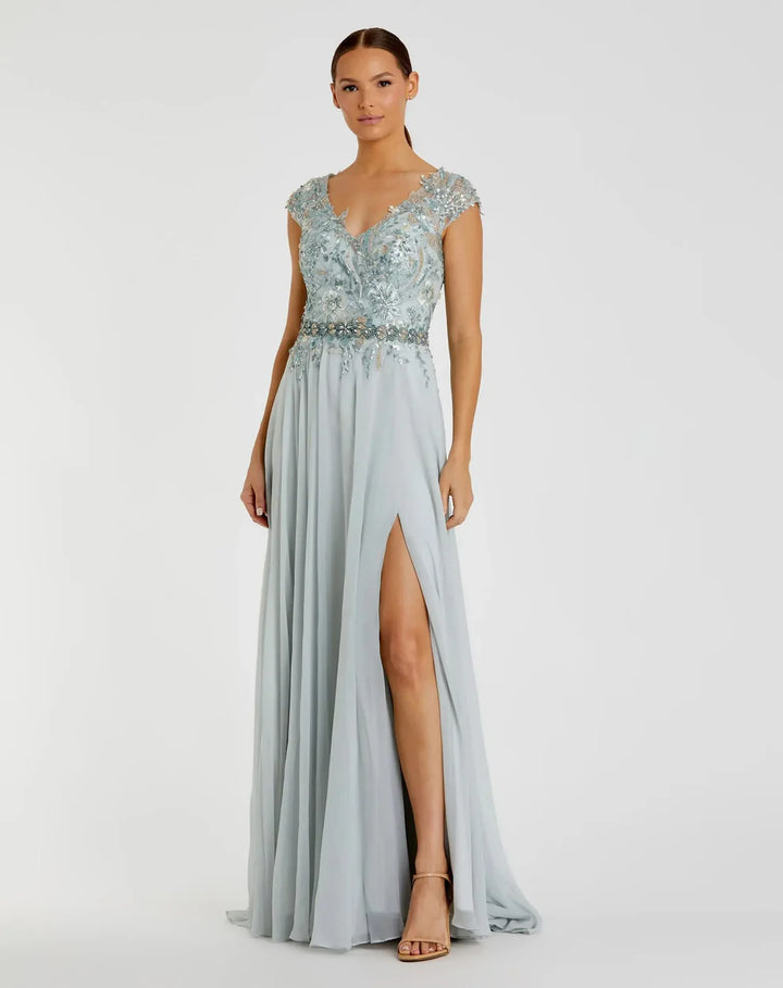 Mac Duggal 79365 Navy Embellished Chiffon Cap Sleeve A-Line Gown