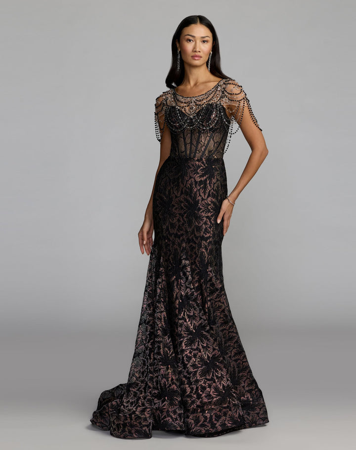 Mac Duggal 79471 Lace Corset Gown With Draped Beading