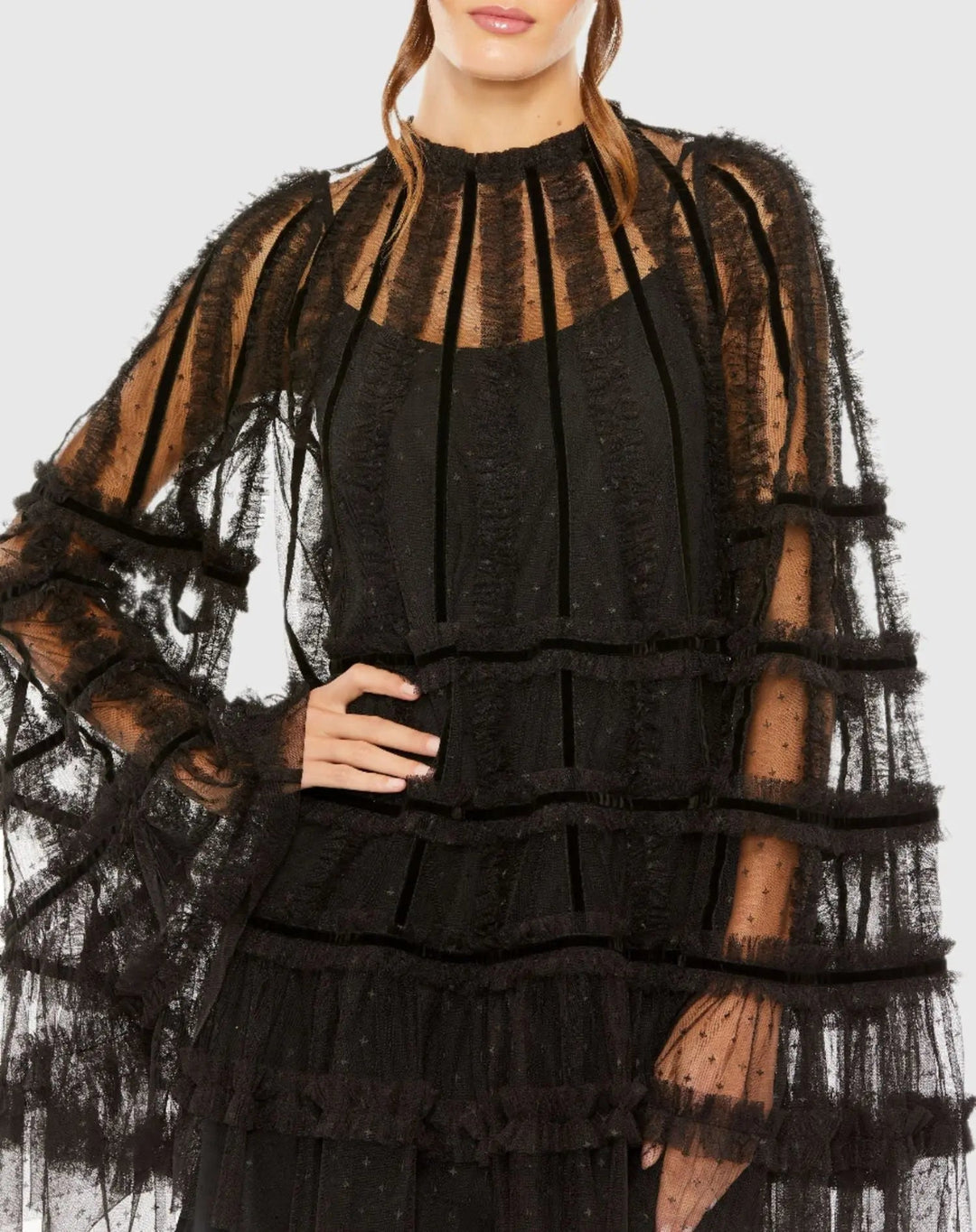 Mac Duggal 8053 High Neck Ruffle Bell Sleeve Trapeze Dress
