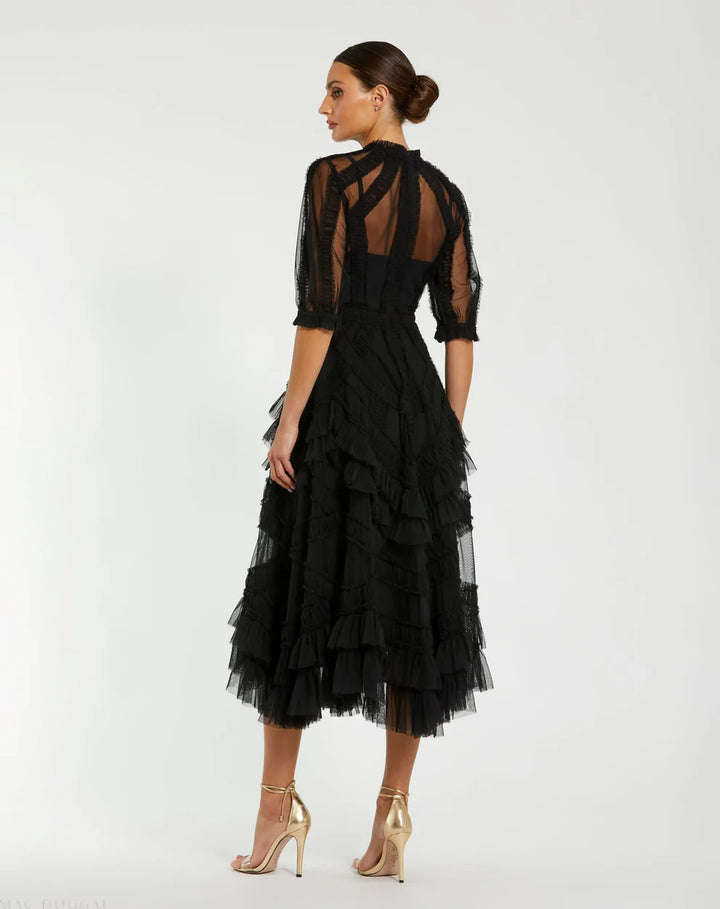 Mac Duggal 998058P High Neck Micro Ruffle Tiered Midi Dress