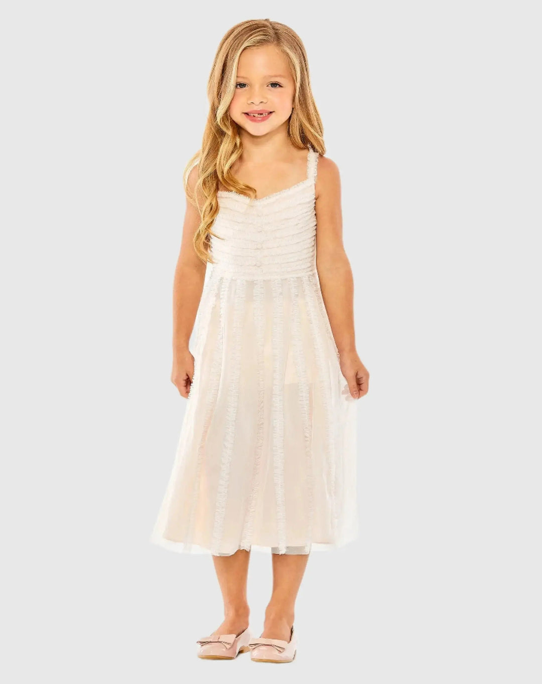 Mac Duggal 8066 Girls Pink Sleeveless Ruffle Tiered Midi Dress