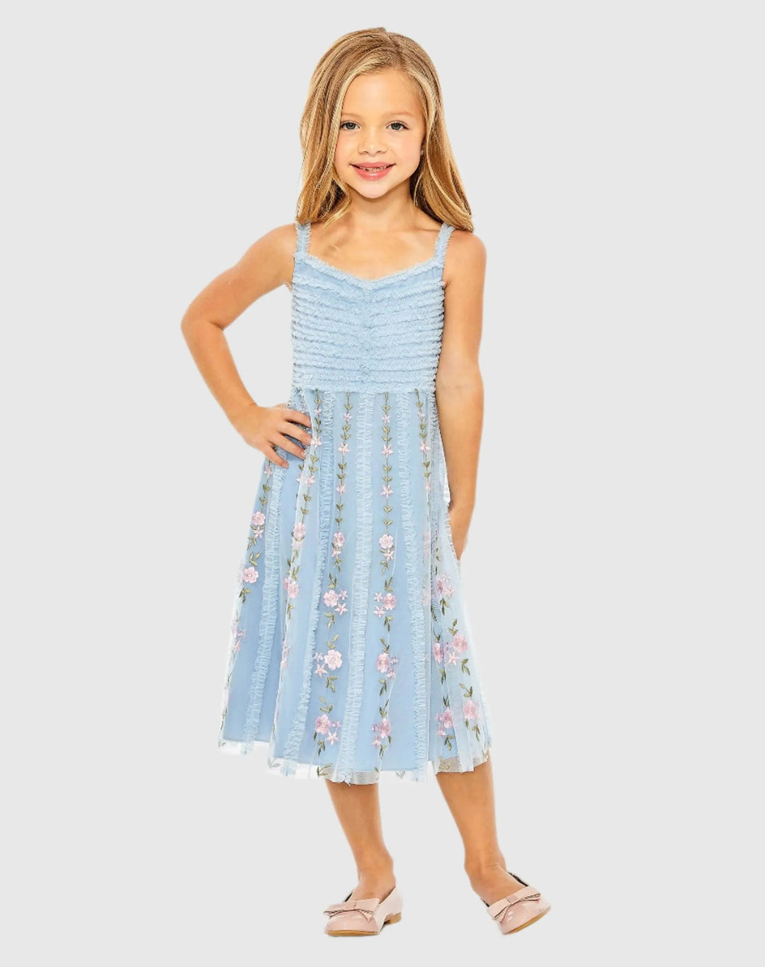 Mac Duggal 8067 Girls Light Blue Ruffle Floral Embroidered Detail Midi Dress