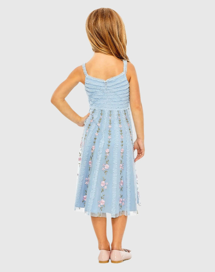 Mac Duggal 8067 Girls Light Blue Ruffle Floral Embroidered Detail Midi Dress