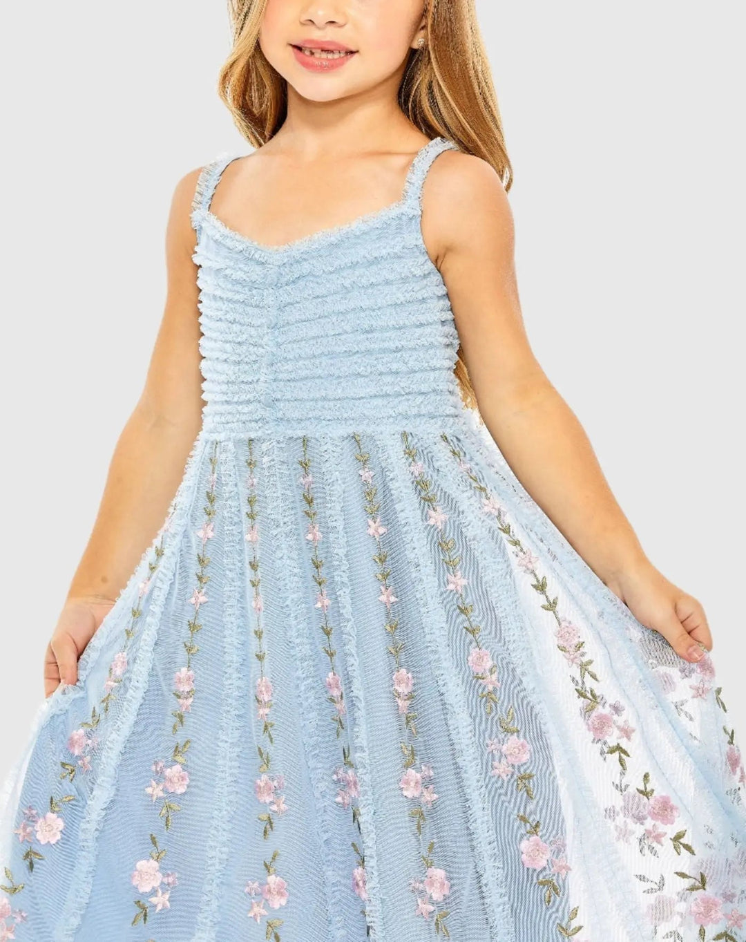 Mac Duggal 8067 Girls Light Blue Ruffle Floral Embroidered Detail Midi Dress