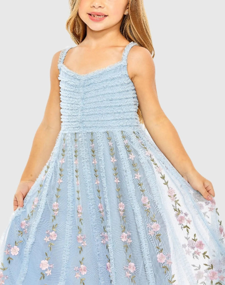Mac Duggal 8067 Girls Light Blue Ruffle Floral Embroidered Detail Midi Dress