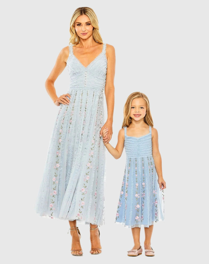 Mac Duggal 8067 Girls Light Blue Ruffle Floral Embroidered Detail Midi Dress