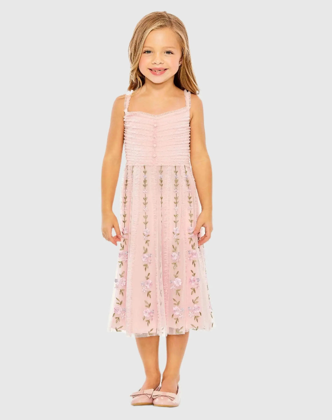 Mac Duggal 8067 Girls Light Blue Ruffle Floral Embroidered Detail Midi Dress