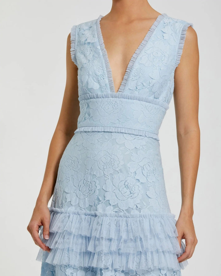 Blue V Neck Lace Tiered Ruffle Gown - FOSTANI.com